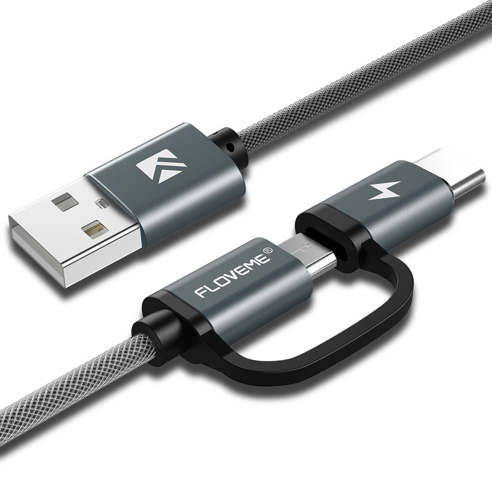 QC3.0 2.8A Micro USB Cable Fast Charger Charging USB Type-C Cable 2-in-1 Type-C Cable