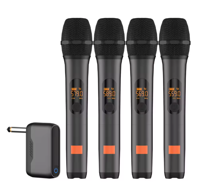 Wireless Microphone UHF 4 Channel Karaoke System With Rechargeable Receiver