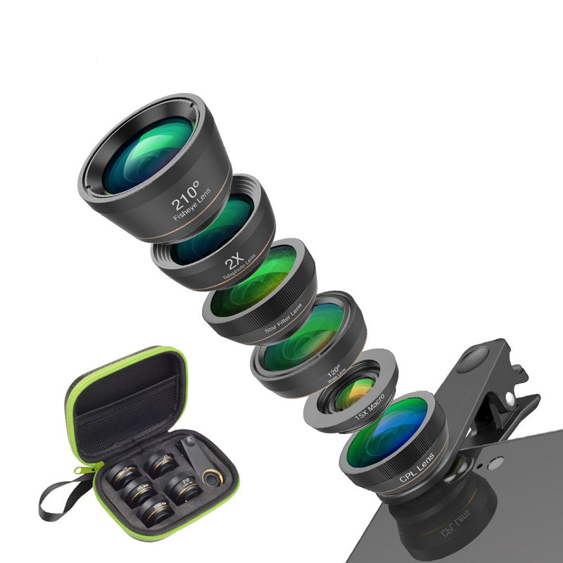 Phone Camera Lens Kit 6-in-1 Fish Eye Lens 210 Degree Wide Angle  Macro Lens CPL/Star