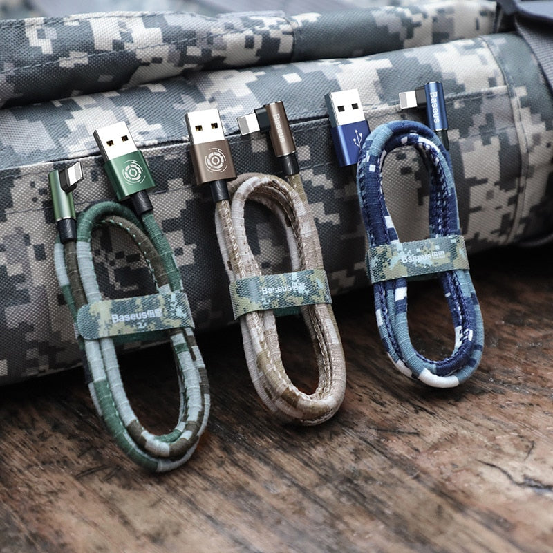 Military Camouflage Green 90 Degree USB Cable For iPhone 5 6 6s 7 8 Fast Charging Cable For iPad USB Charger Cable Data