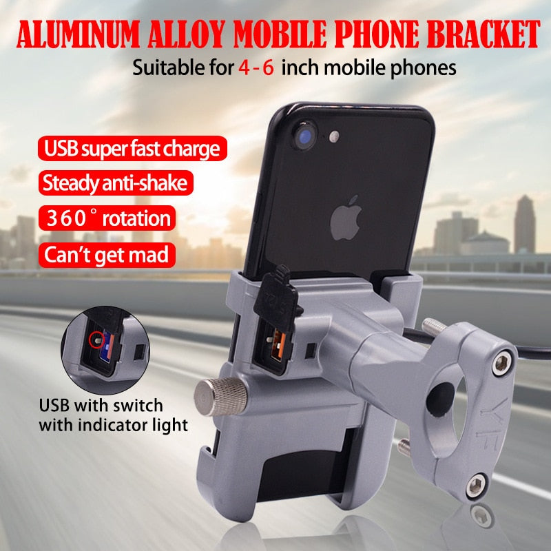 Motorcycle Universal Aluminum Alloy Phone Holder With USB Charger Handlebar Bracket for