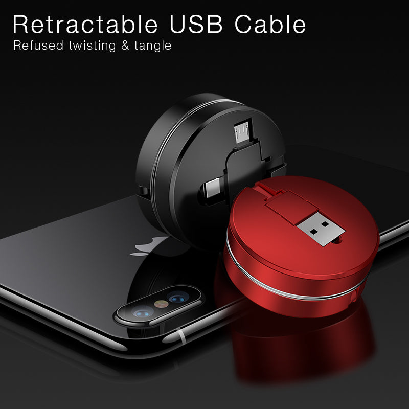 Retractable 3-in-1 Fast-Charge USB Type-C Cable to Micro USB Cable
