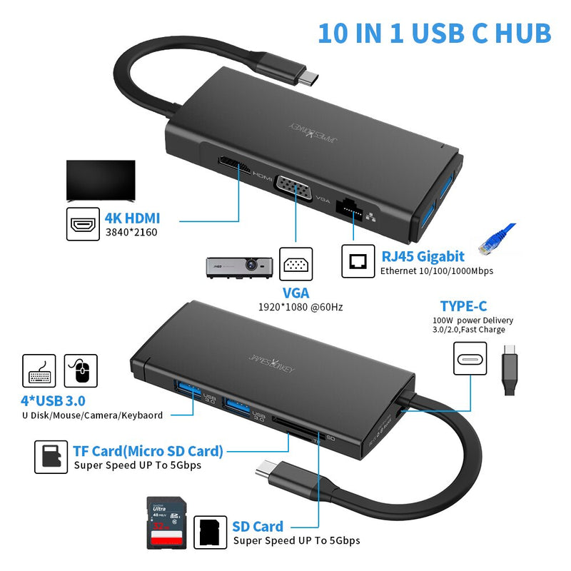 10-in-1 USB-C HUB Laptop Docking Station Type-C support PD Fast-Charging Function