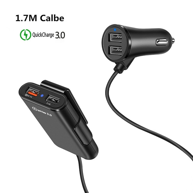USB Car Charger 4 Ports QC3.0+2.4A+3.1A USB Car Charger Universal USB Fast Adapter with 5.6ft Extension Cord